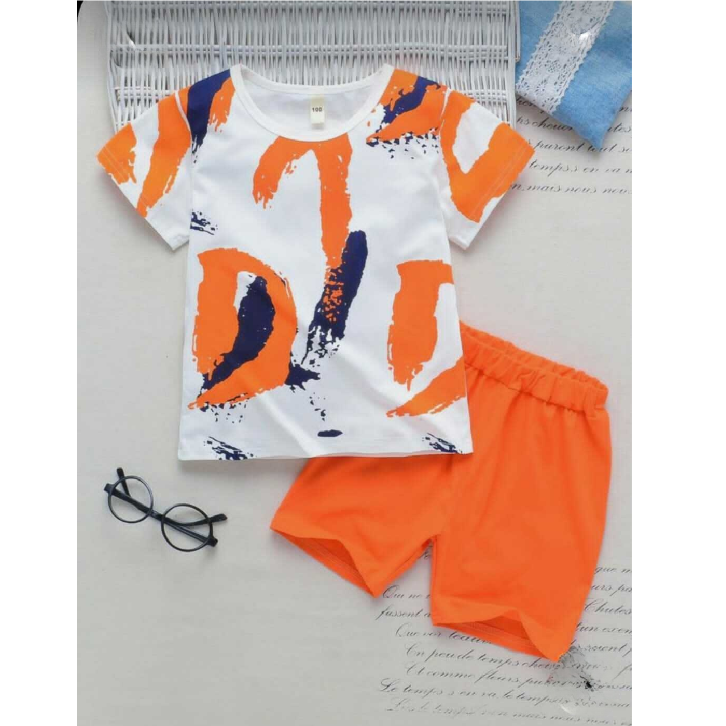 White Orange Printed Hosiery Cotton T-Shirts & Shorts For Kids